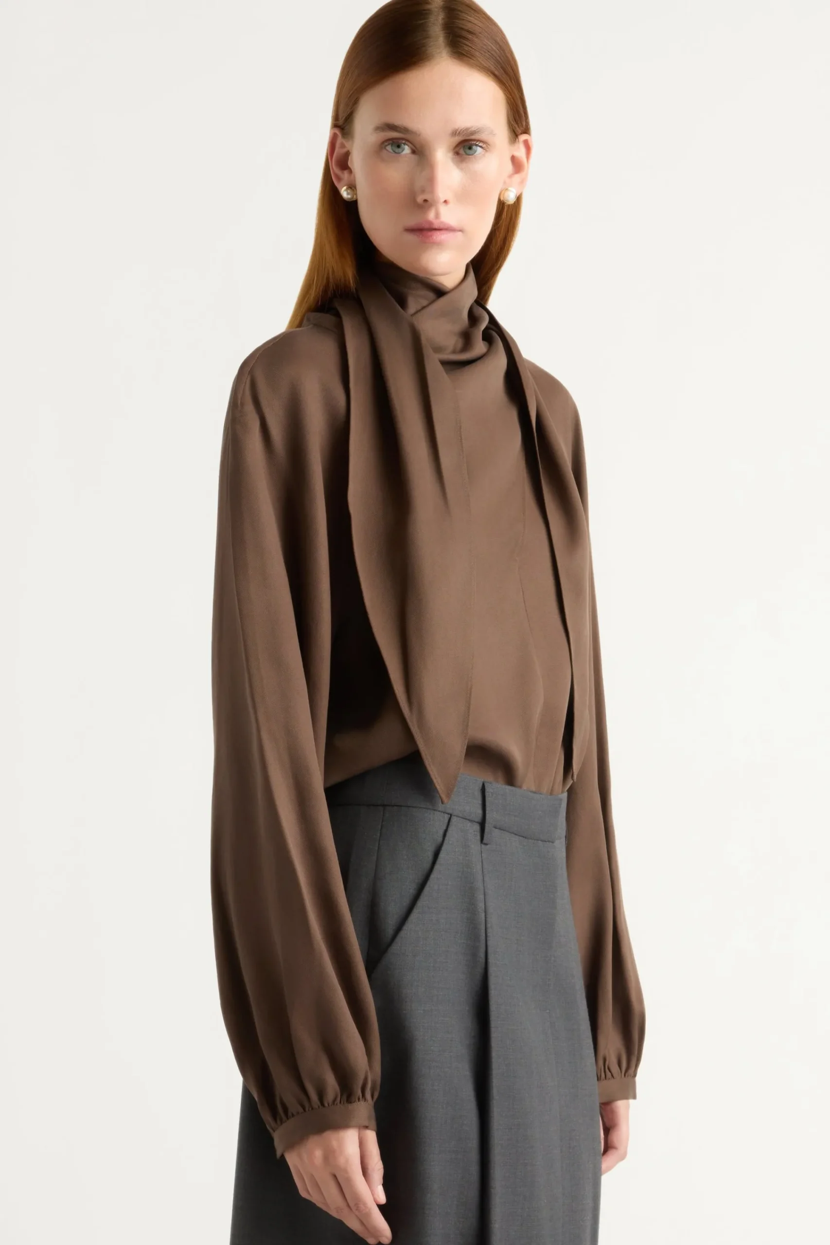 Hua Jia Josephine Scarf-Neck Tencel Blouse< Tops