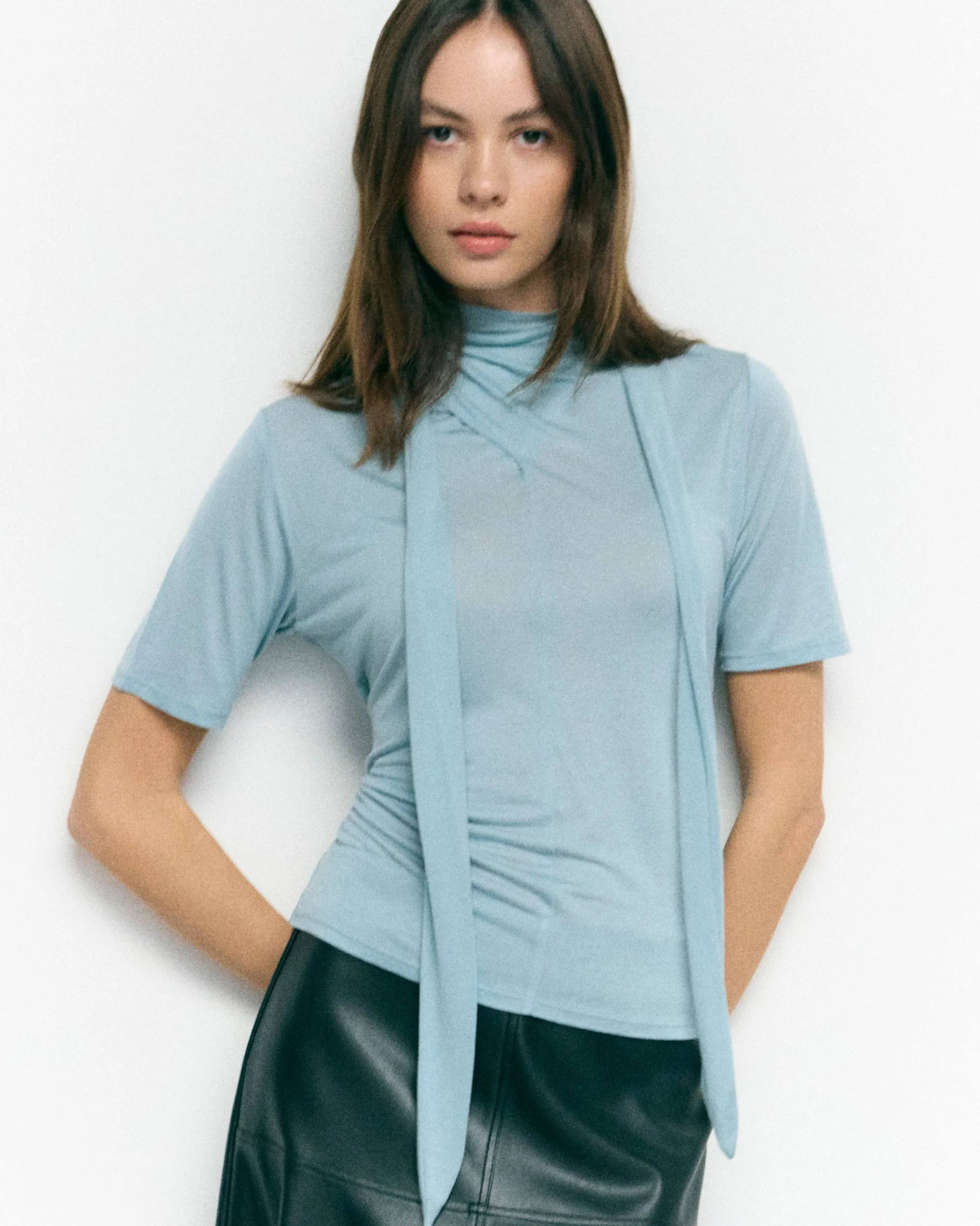 Asia Consultancy Co., Ltd Lucine Scarf-Neck Semi-Sheer Tencel Tee< Tees|Tops