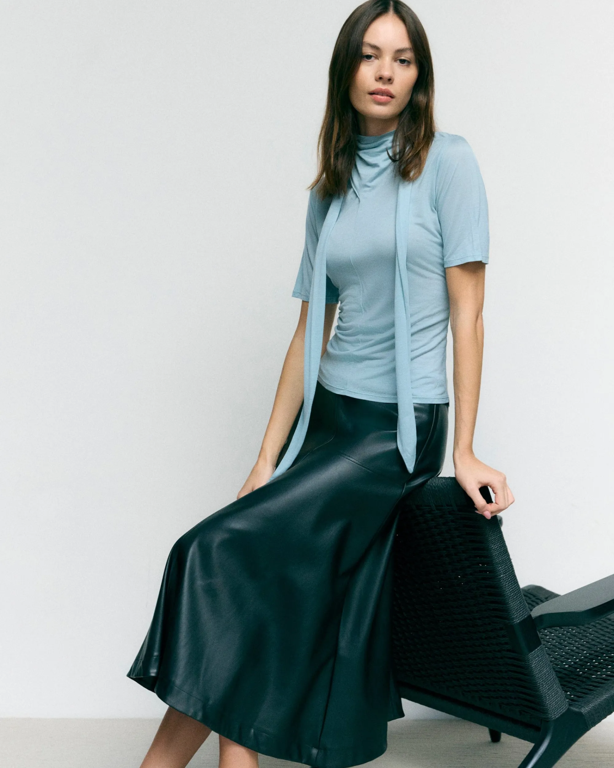 Asia Consultancy Co., Ltd Lucine Scarf-Neck Semi-Sheer Tencel Tee< Tees|Tops