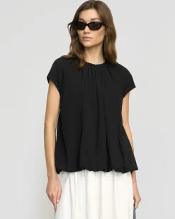 Hua Jia Orinda Shirred-Neck Bubble-Hem Blouse< Tops