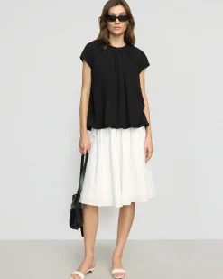 Hua Jia Orinda Shirred-Neck Bubble-Hem Blouse< Tops