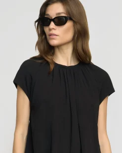 Hua Jia Orinda Shirred-Neck Bubble-Hem Blouse< Tops