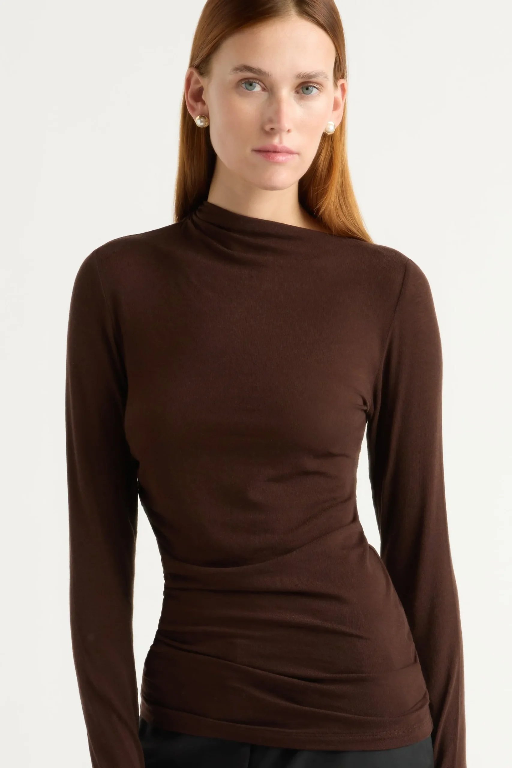 Hua Shang Group (H.K.) Ltd Vittoria Asymmetric-Neck Semi-Sheer Ruched Tee< Tees|Tops