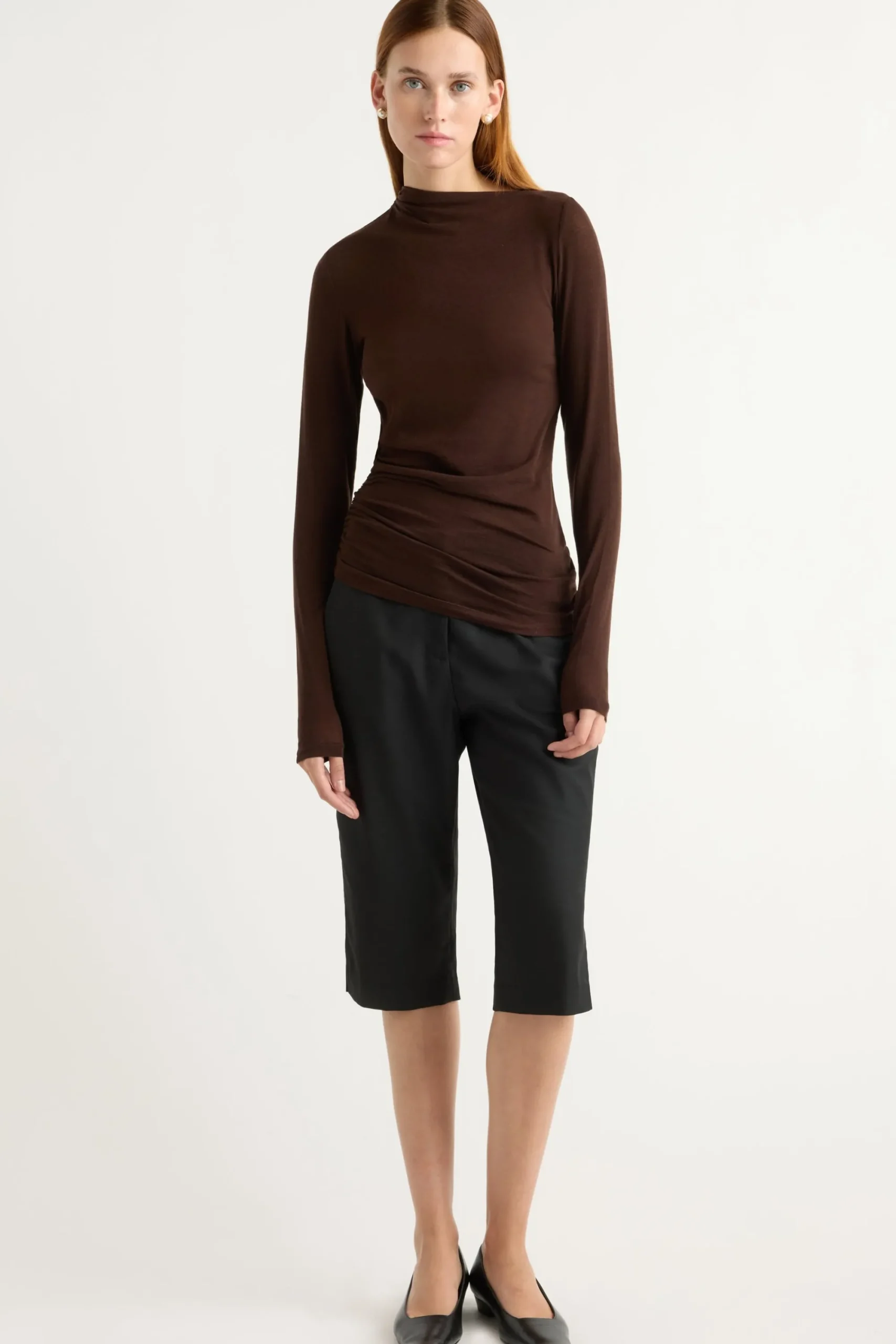 Hua Shang Group (H.K.) Ltd Vittoria Asymmetric-Neck Semi-Sheer Ruched Tee< Tees|Tops